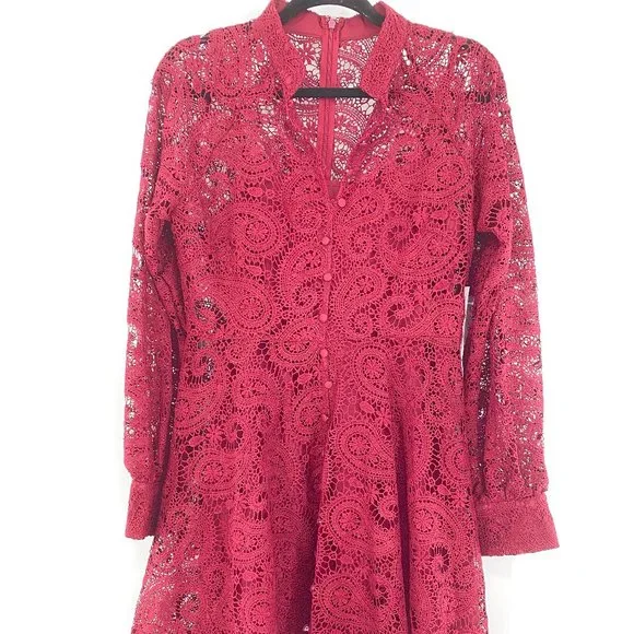 Aqua NWT Lace Button Front Long Sleeve Mock Neck Mini Dress Burgundy Medium New - Picture 3 of 12
